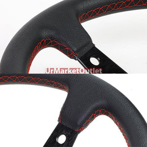 Black Leather/Round Holes Spoke 350mm 3.00" Deep Dish Steering Wheel+Horn Button-Interior-BuildFastCar