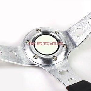 Black Leather/Silver Round Hole 350mm 3.00" Deep Dish Steering Wheel+Horn Button-Interior-BuildFastCar