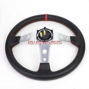 Black Leather/Silver Round Hole 350mm 3.00" Deep Dish Steering Wheel+Horn Button-Interior-BuildFastCar