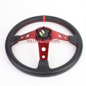 Black Leather/Red Round Holes 350mm 3.00" Deep Dish Steering Wheel+Horn Button-Interior-BuildFastCar