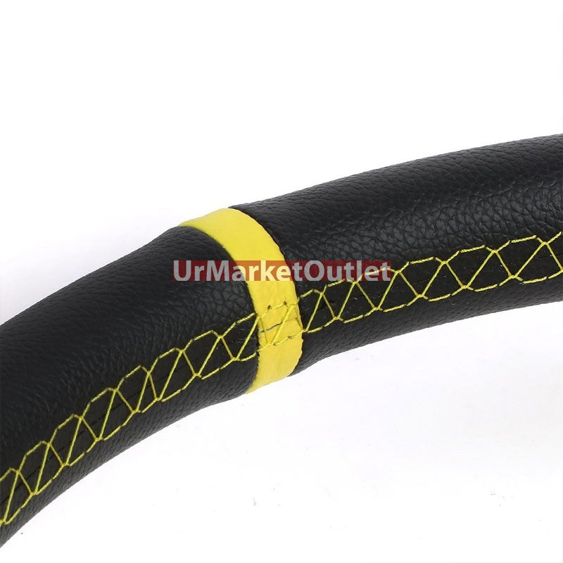 Black Leather/Gold Round Holes 350mm 3.00" Deep Dish Steering Wheel+Horn Button-Interior-BuildFastCar