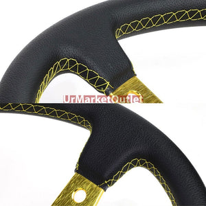 Black Leather/Gold Round Holes 350mm 3.00" Deep Dish Steering Wheel+Horn Button-Interior-BuildFastCar