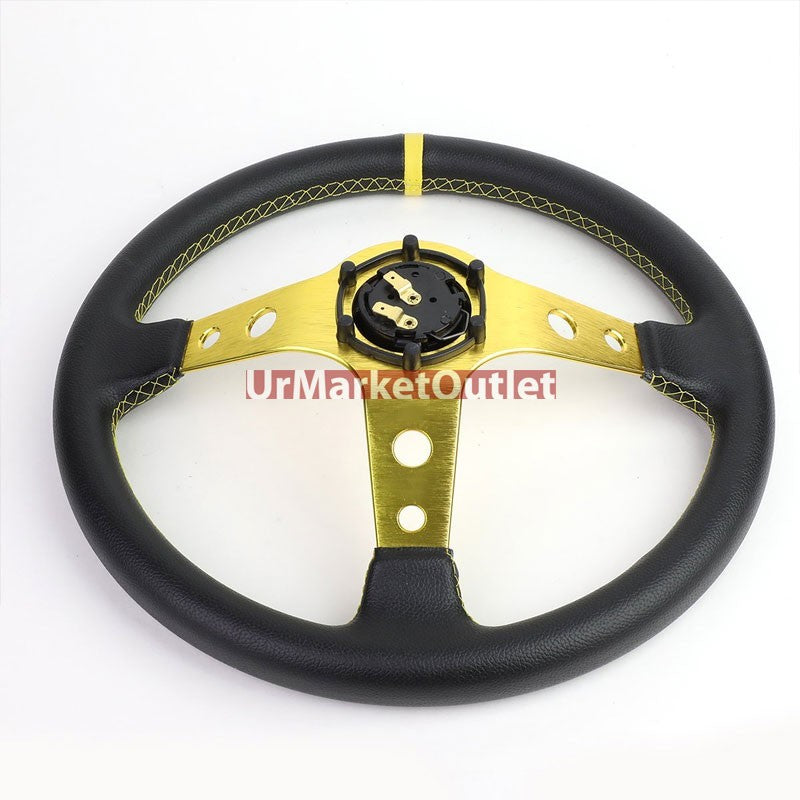 Black Leather/Gold Round Holes 350mm 3.00" Deep Dish Steering Wheel+Horn Button-Interior-BuildFastCar