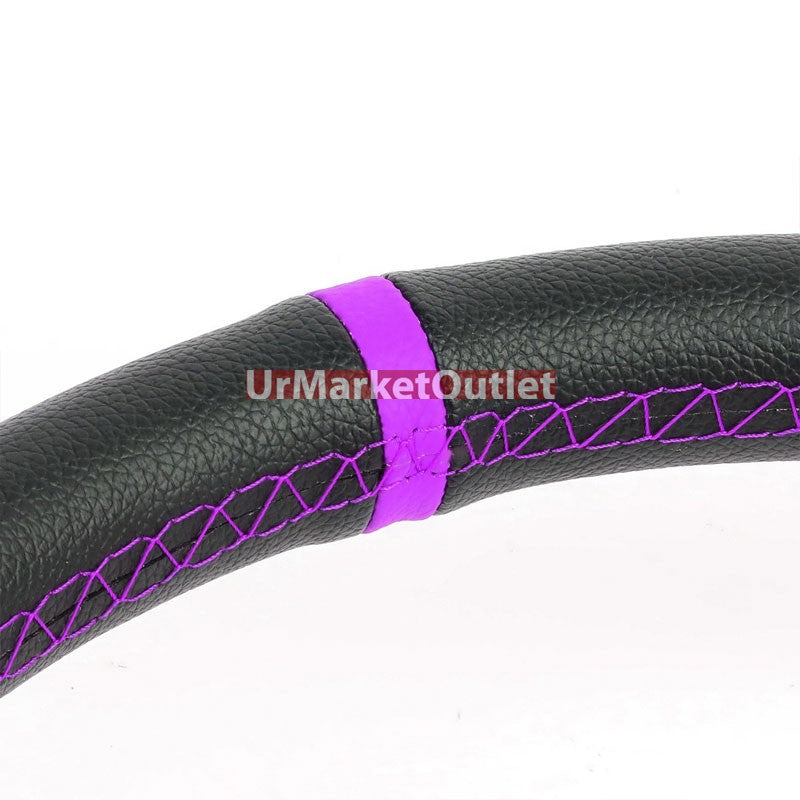 Black Leather/Purple Round Hole 350mm 3.00" Deep Dish Steering Wheel+Horn Button-Interior-BuildFastCar