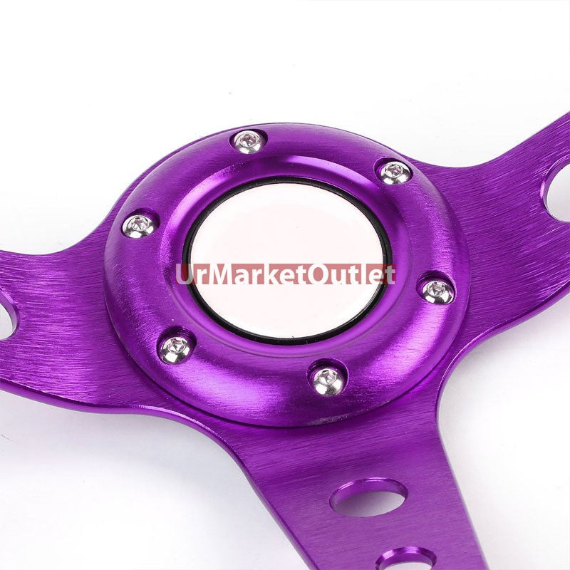 Black Leather/Purple Round Hole 350mm 3.00" Deep Dish Steering Wheel+Horn Button-Interior-BuildFastCar