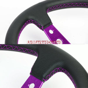 Black Leather/Purple Round Hole 350mm 3.00" Deep Dish Steering Wheel+Horn Button-Interior-BuildFastCar