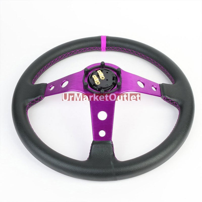 Black Leather/Purple Round Hole 350mm 3.00" Deep Dish Steering Wheel+Horn Button-Interior-BuildFastCar