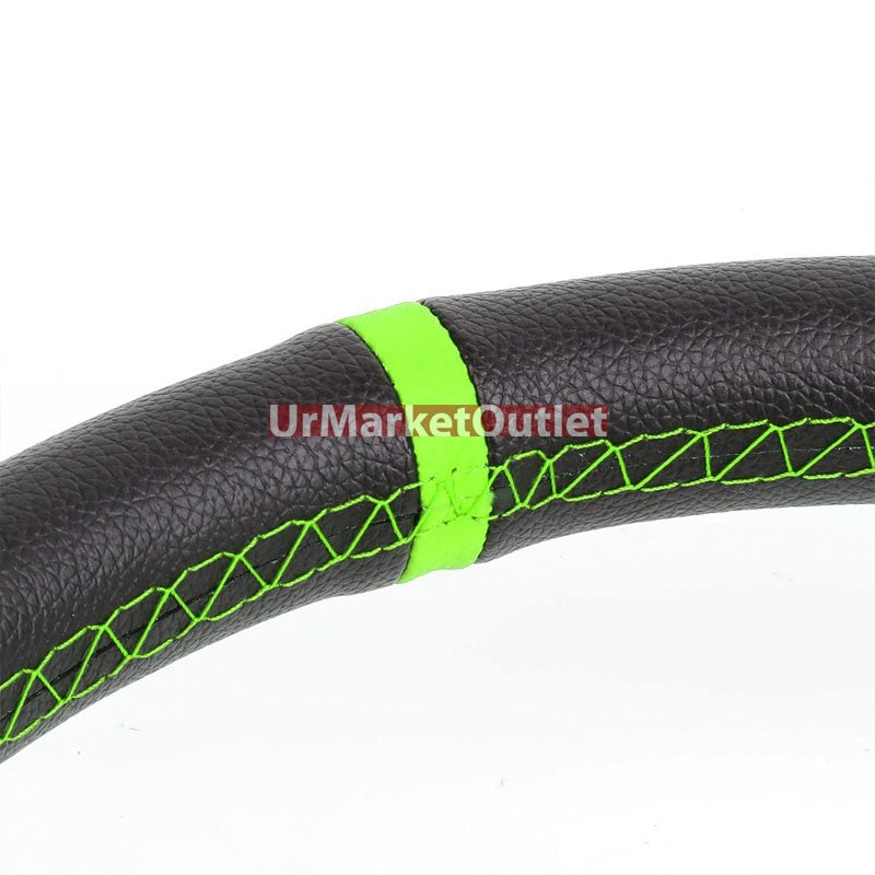 Black Leather/Green Round Holes 350mm 3.00" Deep Dish Steering Wheel+Horn Button-Interior-BuildFastCar