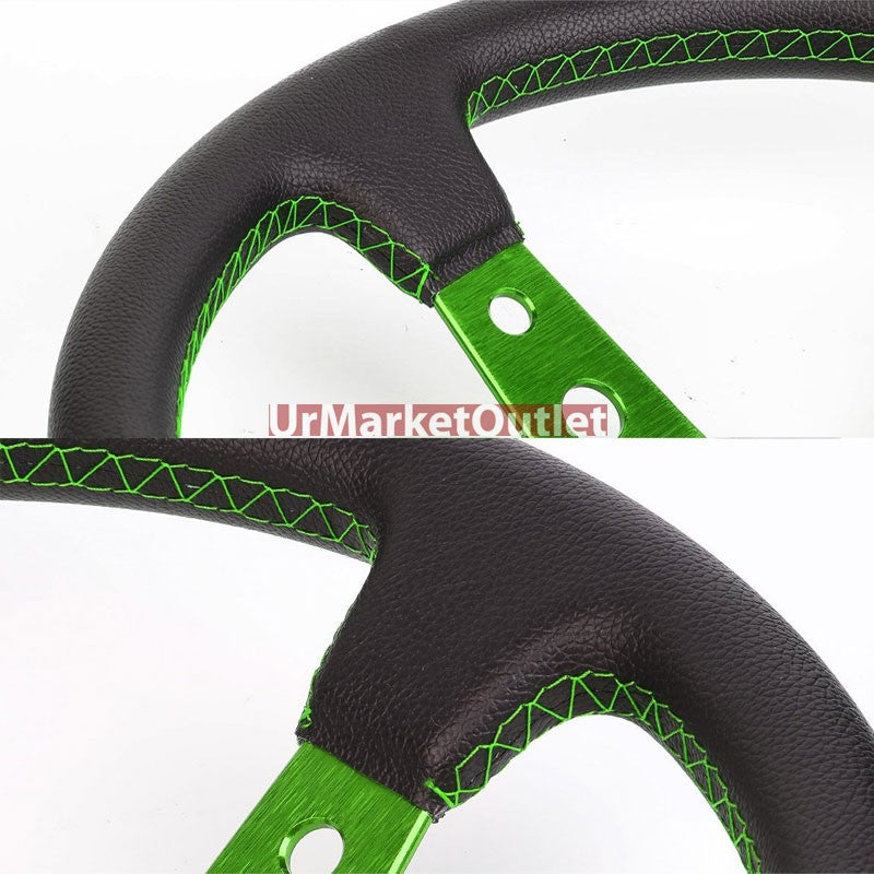 Black Leather/Green Round Holes 350mm 3.00" Deep Dish Steering Wheel+Horn Button-Interior-BuildFastCar