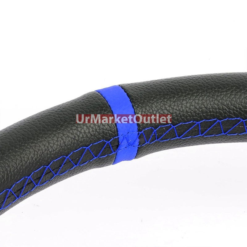 Black Leather/Blue Round Holes 350mm 3.00" Deep Dish Steering Wheel+Horn Button-Interior-BuildFastCar