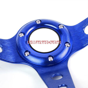 Black Leather/Blue Round Holes 350mm 3.00" Deep Dish Steering Wheel+Horn Button-Interior-BuildFastCar