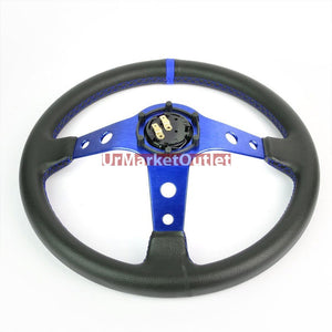 Black Leather/Blue Round Holes 350mm 3.00" Deep Dish Steering Wheel+Horn Button-Interior-BuildFastCar
