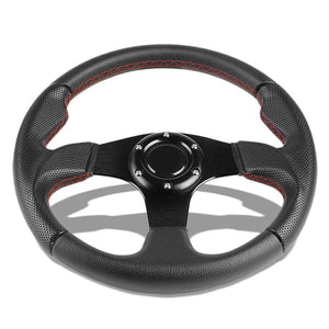 Black Leather Thumb Grip/Spokes/Red Stitch 320mm Steering Wheel+Horn Button-Interior-BuildFastCar
