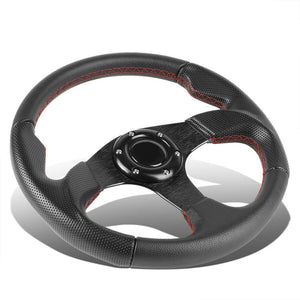 Black Leather Thumb Grip/Spokes/Red Stitch 320mm Steering Wheel+Horn Button-Interior-BuildFastCar