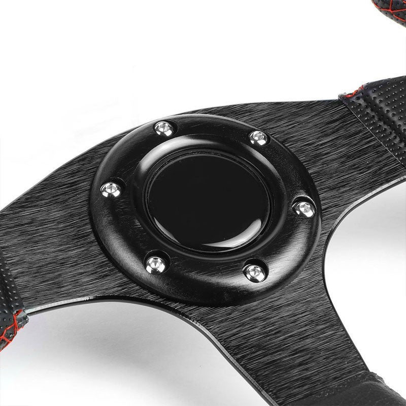 Black Leather Thumb Grip/Spokes/Red Stitch 320mm Steering Wheel+Horn Button-Interior-BuildFastCar