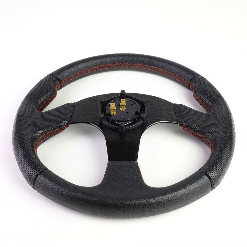 Black Leather Thumb Grip/Spokes/Red Stitch 320mm Steering Wheel+Horn Button-Interior-BuildFastCar