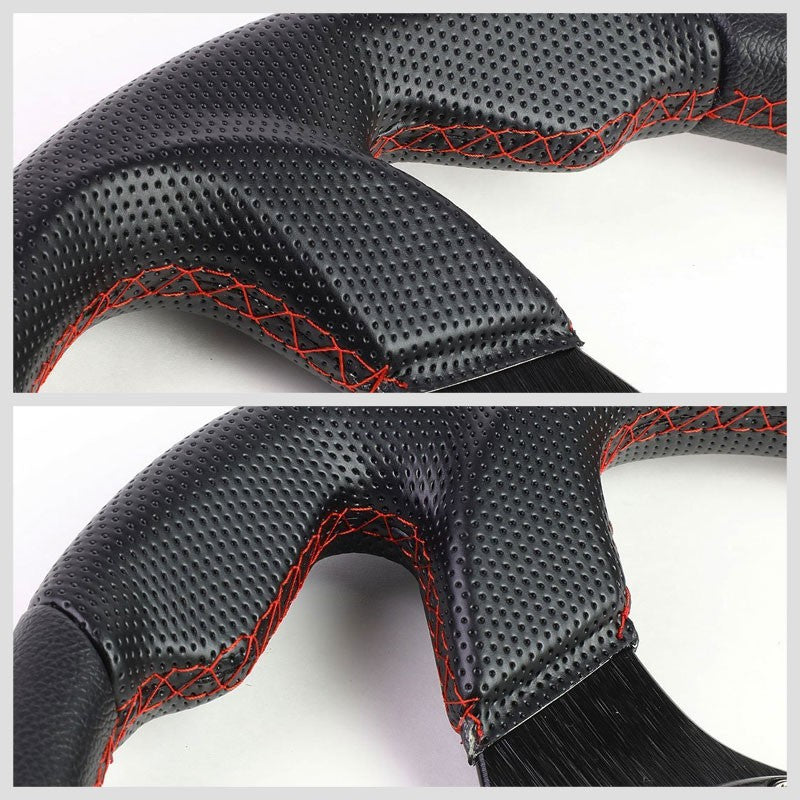 Black Leather Thumb Grip/Spokes/Red Stitch 320mm Steering Wheel+Horn Button-Interior-BuildFastCar