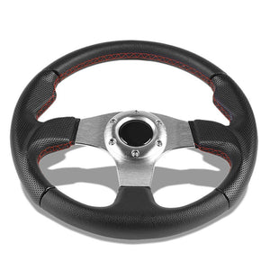 Black Leather Thumb Grip/Silver Spoke 320mm Racing Steering Wheel+Horn Button-Interior-BuildFastCar