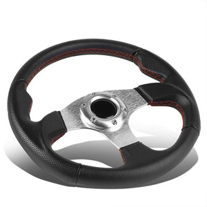 Black Leather Thumb Grip/Silver Spoke 320mm Racing Steering Wheel+Horn Button-Interior-BuildFastCar