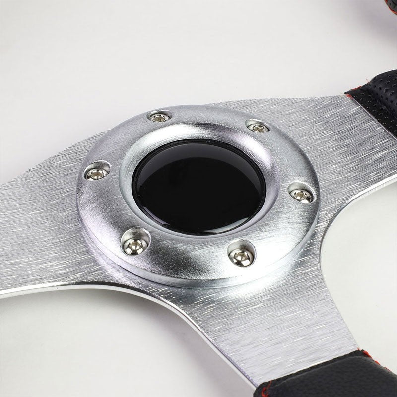 Black Leather Thumb Grip/Silver Spoke 320mm Racing Steering Wheel+Horn Button-Interior-BuildFastCar