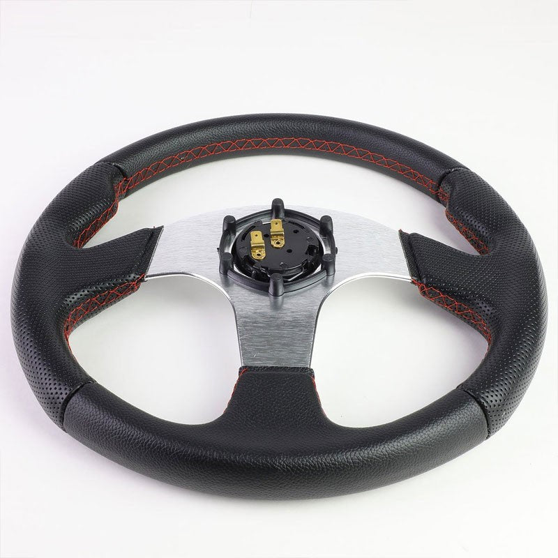 Black Leather Thumb Grip/Silver Spoke 320mm Racing Steering Wheel+Horn Button-Interior-BuildFastCar