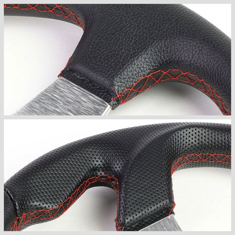 Black Leather Thumb Grip/Silver Spoke 320mm Racing Steering Wheel+Horn Button-Interior-BuildFastCar