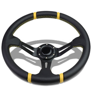 Black Leather/Slit Holes Spokes 350mm 3.50" Deep Dish Steering Wheel+Horn Button-Interior-BuildFastCar