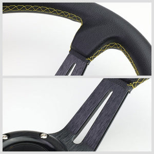 Black Leather/Slit Holes Spokes 350mm 3.50" Deep Dish Steering Wheel+Horn Button-Interior-BuildFastCar