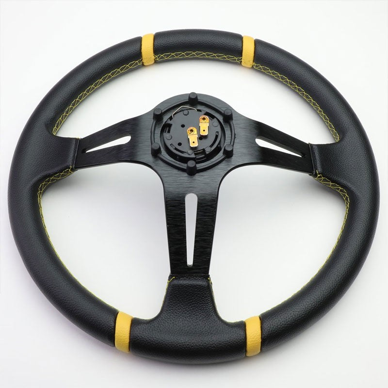 Black Leather/Slit Holes Spokes 350mm 3.50" Deep Dish Steering Wheel+Horn Button-Interior-BuildFastCar
