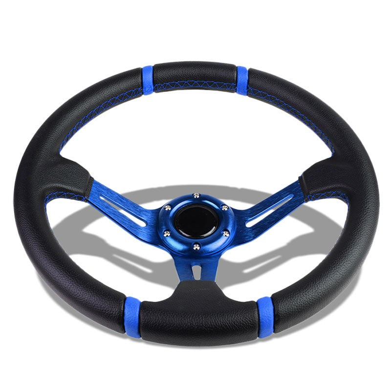 Black Leather/Blue Quad-Stripe 350mm 3.50" Deep Dish Steering Wheel+Horn Button-Interior-BuildFastCar