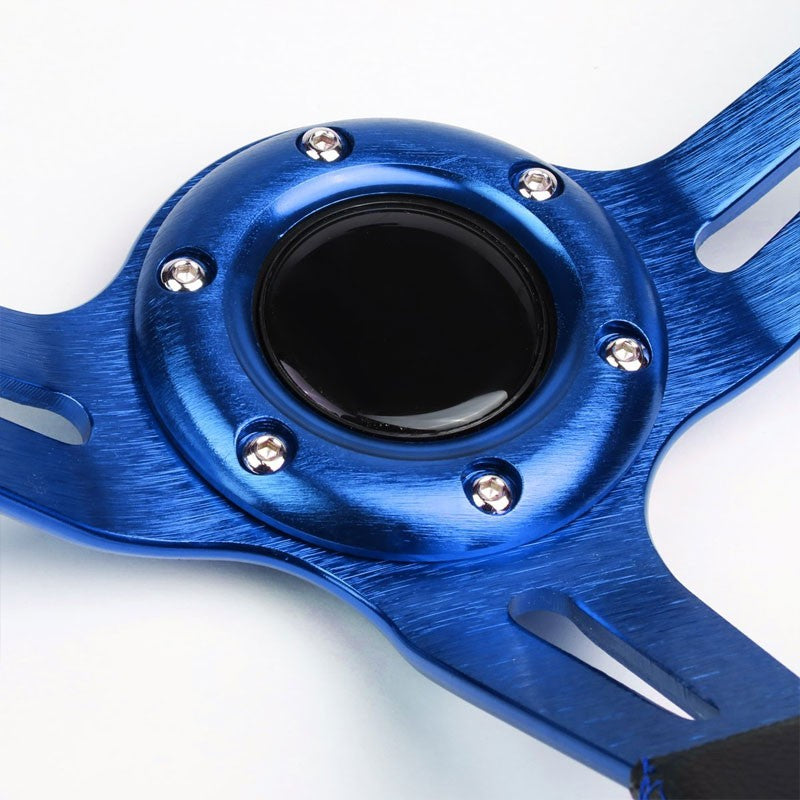 Black Leather/Blue Quad-Stripe 350mm 3.50" Deep Dish Steering Wheel+Horn Button-Interior-BuildFastCar