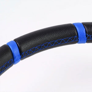 Black Leather/Blue Quad-Stripe 350mm 3.50" Deep Dish Steering Wheel+Horn Button-Interior-BuildFastCar