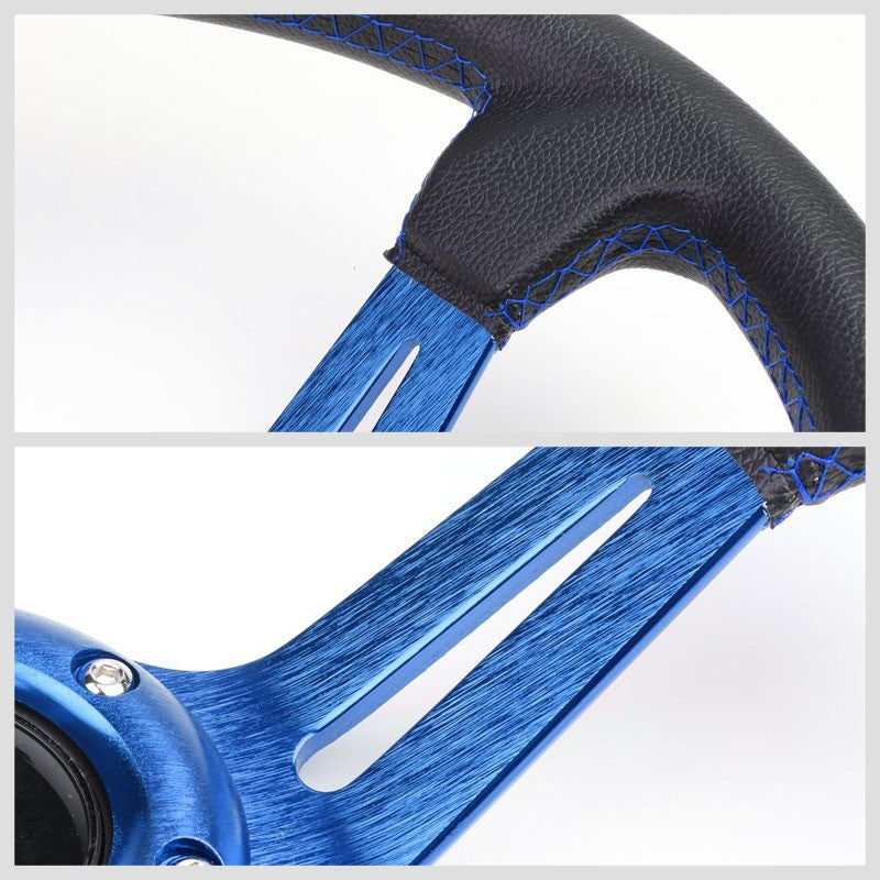 Black Leather/Blue Quad-Stripe 350mm 3.50" Deep Dish Steering Wheel+Horn Button-Interior-BuildFastCar