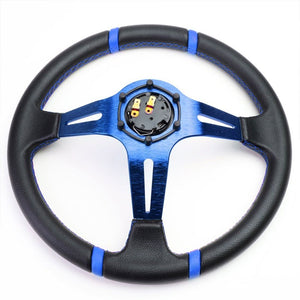Black Leather/Blue Quad-Stripe 350mm 3.50" Deep Dish Steering Wheel+Horn Button-Interior-BuildFastCar