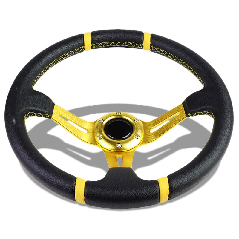 Black Leather/Gold Quad-Stripe 350mm 3.50&quot; Deep Dish Steering Wheel+Horn Button-Interior-BuildFastCar