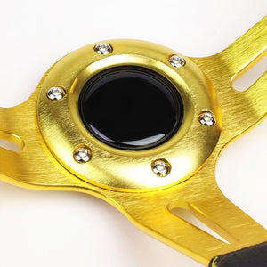 Black Leather/Gold Quad-Stripe 350mm 3.50" Deep Dish Steering Wheel+Horn Button-Interior-BuildFastCar