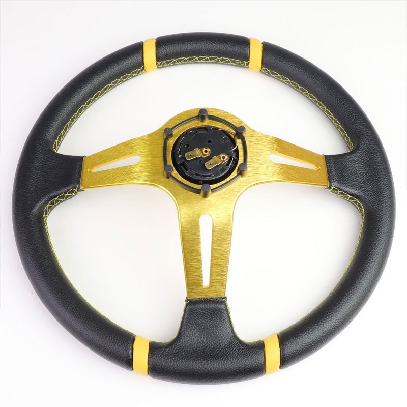 Black Leather/Gold Quad-Stripe 350mm 3.50" Deep Dish Steering Wheel+Horn Button-Interior-BuildFastCar