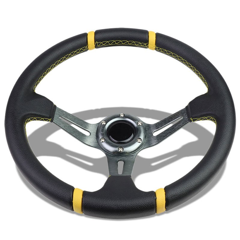 Black Leather/Gunmetal Slit Holes 350mm 3.50" Deep Steering Wheel+Horn Button-Interior-BuildFastCar