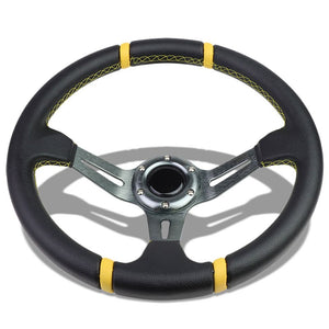 Black Leather/Gunmetal Slit Holes 350mm 3.50" Deep Steering Wheel+Horn Button-Interior-BuildFastCar