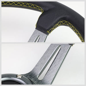 Black Leather/Gunmetal Slit Holes 350mm 3.50" Deep Steering Wheel+Horn Button-Interior-BuildFastCar