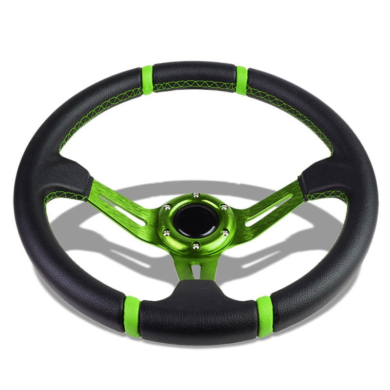 Black Leather/Green Quad-Stripe 350mm 3.50" Deep Dish Steering Wheel+Horn Button-Interior-BuildFastCar
