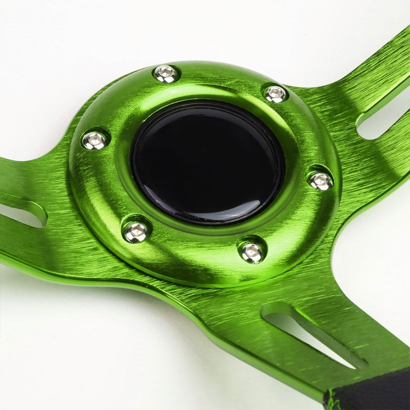 Black Leather/Green Quad-Stripe 350mm 3.50" Deep Dish Steering Wheel+Horn Button-Interior-BuildFastCar