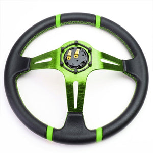 Black Leather/Green Quad-Stripe 350mm 3.50" Deep Dish Steering Wheel+Horn Button-Interior-BuildFastCar