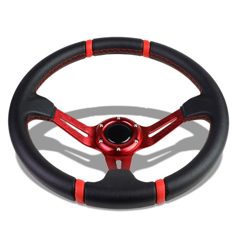 Black Leather/Red Quad-Stripe 350mm 3.50" Deep Dish Steering Wheel+Horn Button-Interior-BuildFastCar