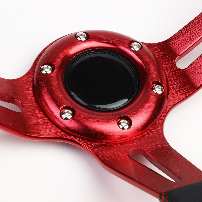 Black Leather/Red Quad-Stripe 350mm 3.50" Deep Dish Steering Wheel+Horn Button-Interior-BuildFastCar