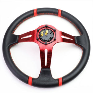 Black Leather/Red Quad-Stripe 350mm 3.50" Deep Dish Steering Wheel+Horn Button-Interior-BuildFastCar