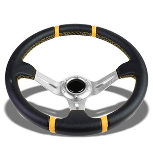 Black Leather/Silver Slit Holes 350mm 3.50" Deep Dish Steering Wheel+Horn Button-Interior-BuildFastCar