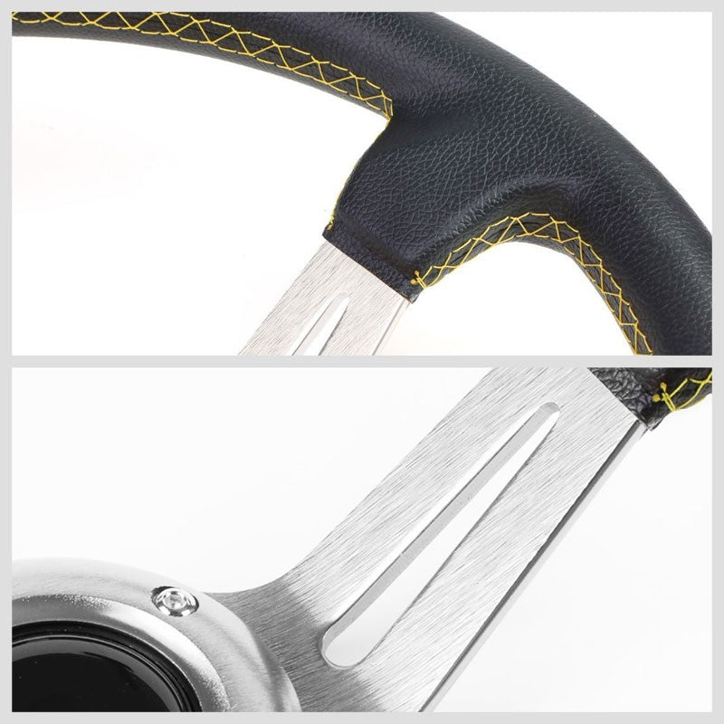 Black Leather/Silver Slit Holes 350mm 3.50" Deep Dish Steering Wheel+Horn Button-Interior-BuildFastCar