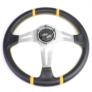 Black Leather/Silver Slit Holes 350mm 3.50" Deep Dish Steering Wheel+Horn Button-Interior-BuildFastCar