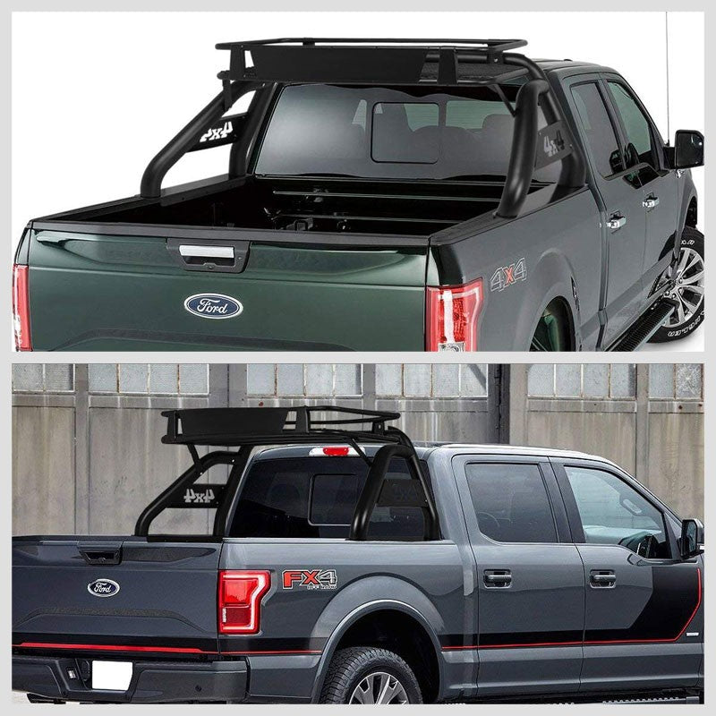 Coated Black Roll Bar+Roof Basket Cargo Carrier+4x4 Logo For 09-16 Ford F-150-Exterior-BuildFastCar